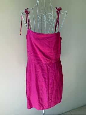 Mango Pink Linen Blend Mini Dress Smocked Tie Strap Summer Size M